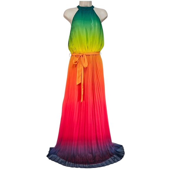 Aura Ombre Rainbow Pleated Maxi Dress Size Small, Halter Neck, Belted Waist - Picture 1 of 8